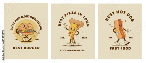Set of Retro cartoon funny fast food character posters. Vintage street food burger, pizza and hot dog mascot vector illustration for cafeteria. Nostalgia 60s, 70s, 80s