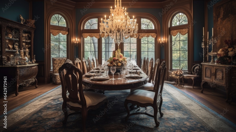 Interior design inspiration of Traditional Classic style home dining room loveliness decorated with Wood and Silk material and Crystal Chandelier .Generative AI home interior design .