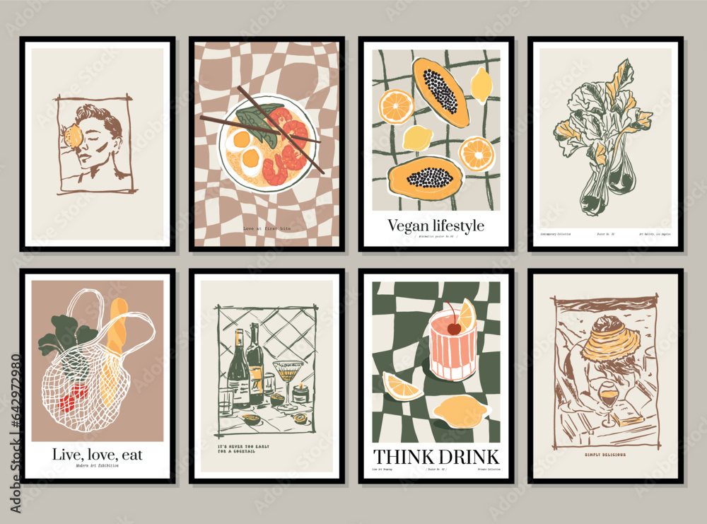 Food and drinks vector illustration collection. Art for for postcards, branding, logo design, background.
