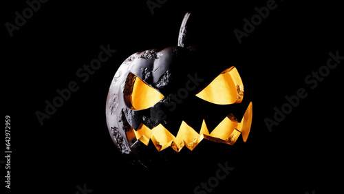 Jack O lanterns Halloween spooky pumpkin scary face with evil eye motion glowing orange light in horror mystery night for autumn October decoration 3D rendering