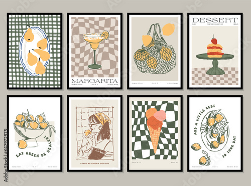 Food and drinks vector illustration collection. Art for postcards, branding, logo design, background.