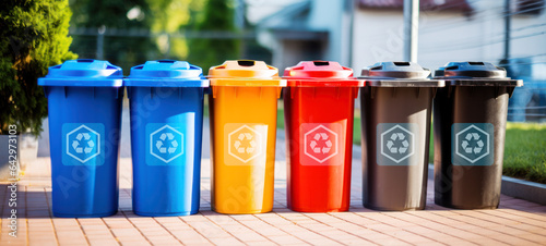 Plastic, glass, metal, and paper recycle bins, Trash cans for garbage separation, Collection of waste bins of different types of garbage recycling,  and separate waste collection concept.