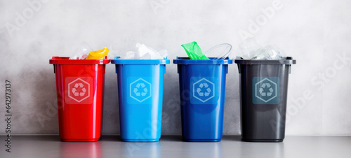Plastic, glass, metal, and paper recycle bins, Trash cans for garbage separation, Collection of waste bins of different types of garbage recycling,  and separate waste collection concept