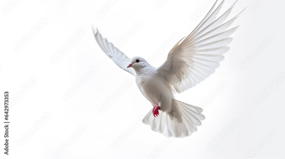 Obraz premium A white dove flying isolated on a white background. Generative Ai