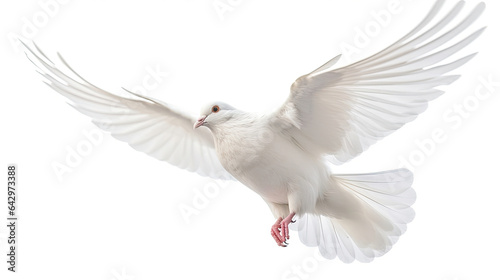 A white dove flying isolated on a white background. Generative Ai