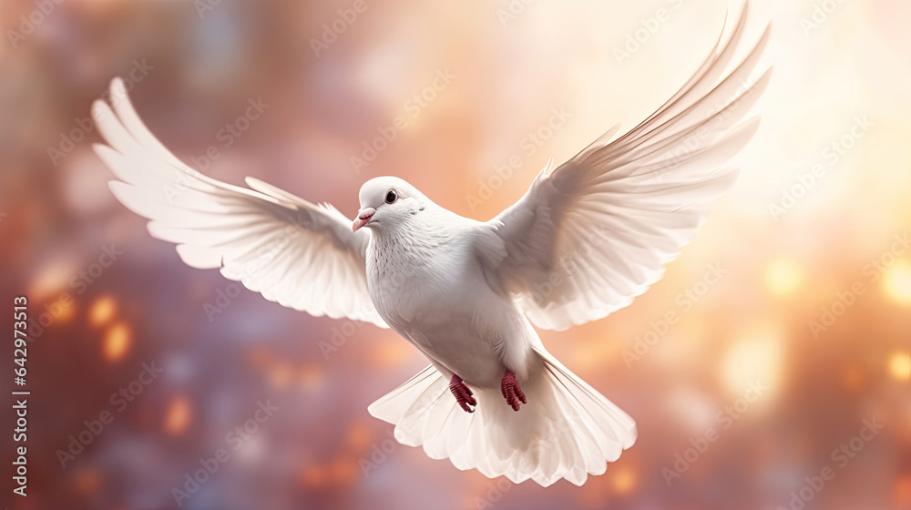 A white dove on bright light shines from heaven background. Symbol of love and peace descends from sky. Generative Ai A white dove on bright light shines from heaven background. Symbol of love and peace descends from sky. Generative Ai