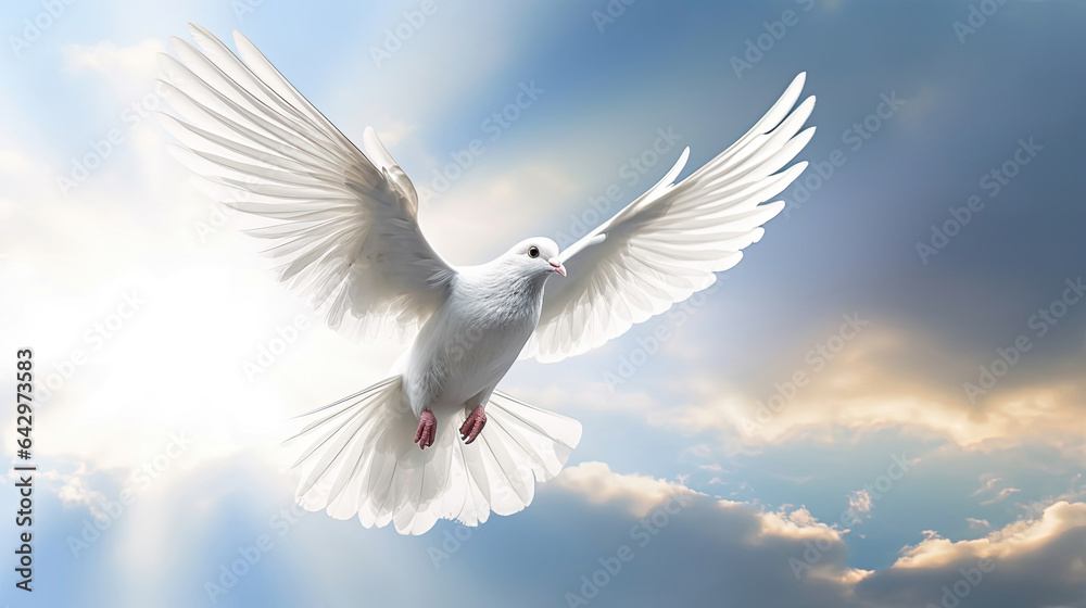 A white dove with wings wide open in the blue sky air with clouds and sunbeams. Spirit of god background banner panorama. Generative Ai A white dove with wings wide open in the blue sky air with clouds and sunbeams. Spirit of god background banner panorama. Generative Ai
