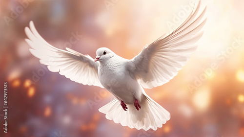 A white dove on bright light shines from heaven background. Symbol of love and peace descends from sky. Generative Ai © tong2530