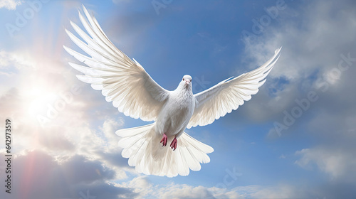 A white dove with wings wide open in the blue sky air with clouds and sunbeams. Spirit of god background banner panorama. Generative Ai