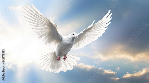 A white dove with wings wide open in the blue sky air with clouds and sunbeams. Spirit of god background banner panorama. Generative Ai © tong2530