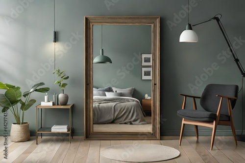 Portrait black picture frame mockup on sage green wall. Bedroom view through open white door. Grey linen and rusty muslin pillows on wooden bed. Scandinavian interior. Ceramic vase with dry grass. photo