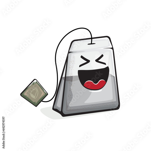 Tea bag character. Cartoon tea bag isolated on white background. Funky paper tea bag character with eyes and mouth. Vector white teabag clip art, emoji, label and sticker