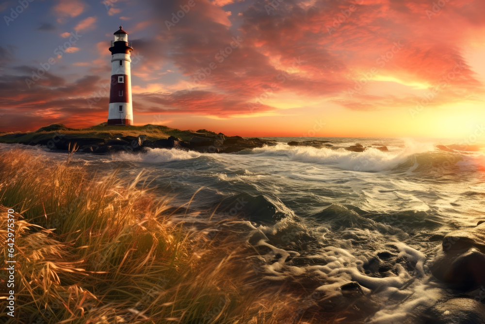 The lighthouse, the large sea of rough waves and the landscape of grass shaking on the sandy beach. Beautiful sunset and dazzling background. An abstract concept suitable for nature and landscape.