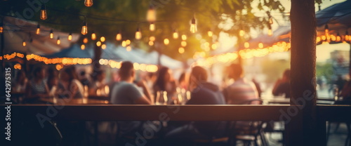 Quiet good time with friends  eating out   moderate weather. Blurred background