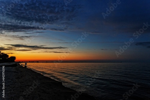 Sunrise sunset on the beach shore of Lake Erie