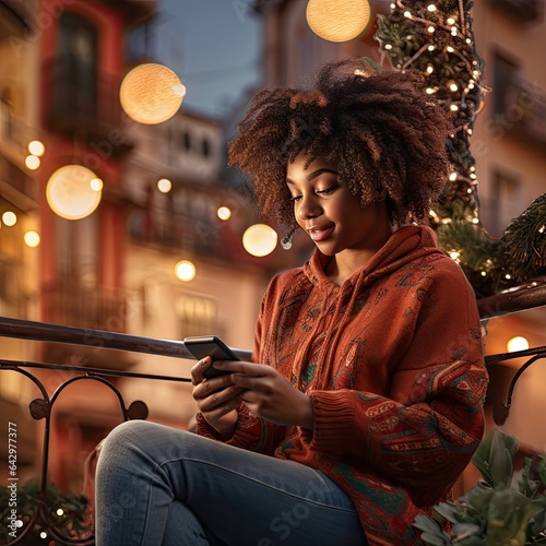 a woman looking at her phone while sitting on a bench in front of a christmas tree with lights around her