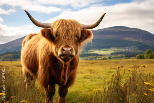 A highland cow scotland in a green field