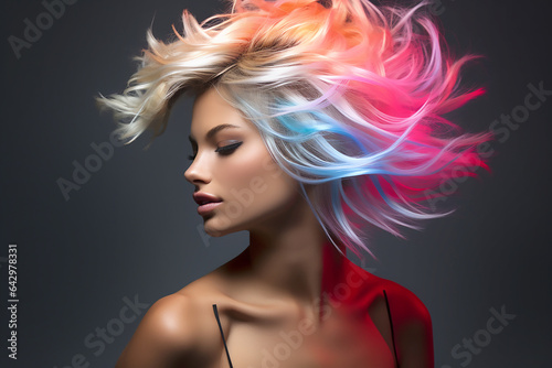 Portrait of a beautiful girl with rainbow neon asymmetric hair style on black background. Generative AI photo