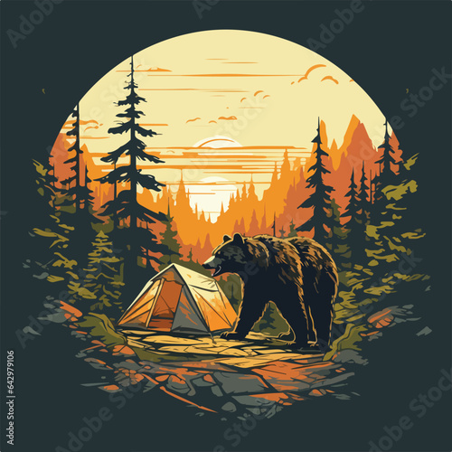 vintage retro big bear and camping tent in pine forest logo badge vector illustration