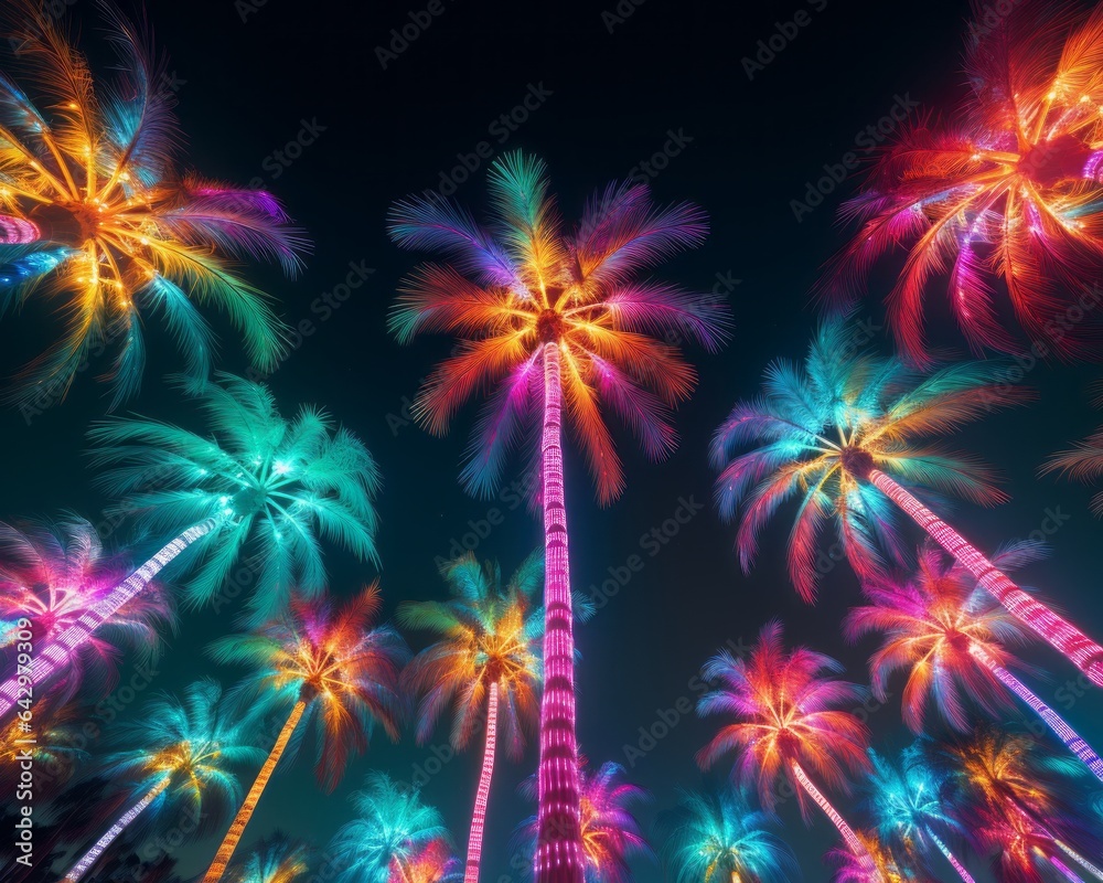 Sparkling decorated palm tree tops for the new year or Christmas on a tropical island.Colorful festive atmosphere.