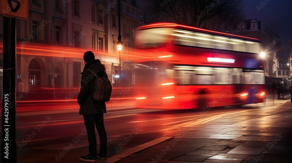 Man from behind in the city at night, bus traffic and motion blur, city lights at night Man from behind in the city at night, bus traffic and motion blur, city lights at night