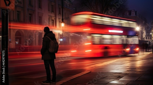 Man from behind in the city at night, bus traffic and motion blur, city lights at night photo