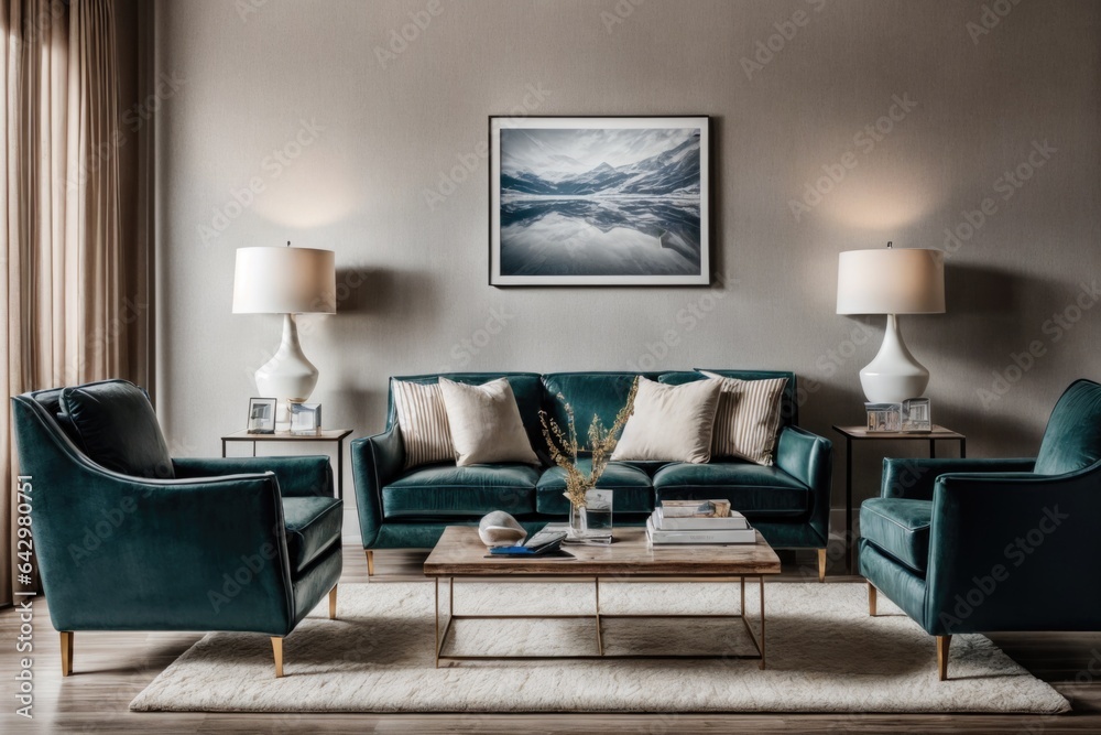 Interior mockup with picture frame on a Wall. Luxurious living room in with sofa and painting on a wall 3D render. Interior mockup with picture frame on a Wall. Luxurious living room in with sofa and painting on a wall 3D render.