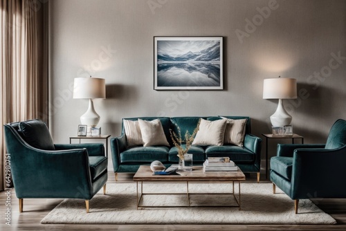 Interior mockup with picture frame on a Wall. Luxurious living room in with sofa and painting on a wall 3D render. 
