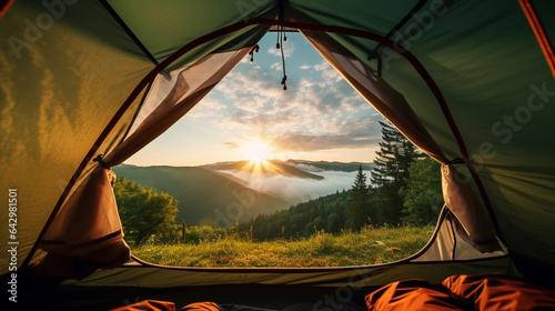 Photorealistic, A camping tent in a nature hiking spot, view from inside the tent. View on beautiful nature, outdoors experience. Healty, active lifestyle. Environment, sustainability.