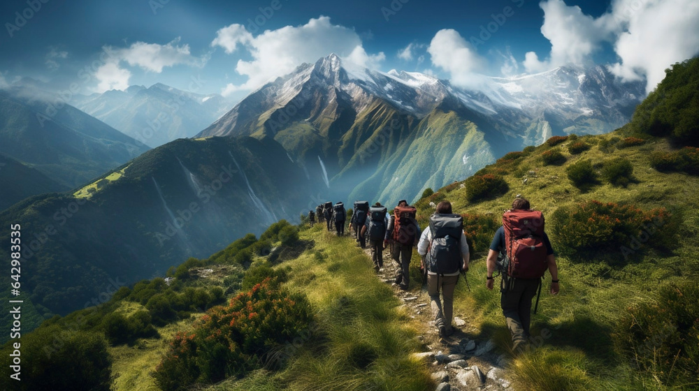 Photorealistic, Hikers trekking through a amazing mountain range. View on beautiful nature, outdoors experience. Healty, active lifestyle. Environment, sustainability.
