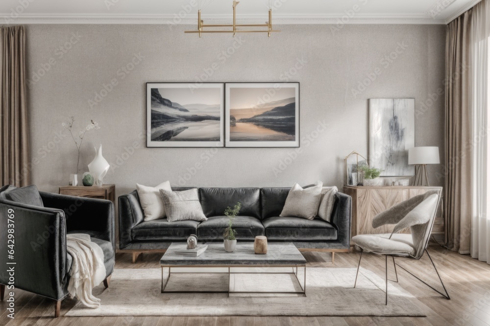 Interior mockup with picture frame on a Wall. Luxurious living room in with sofa and painting on a wall 3D render. Interior mockup with picture frame on a Wall. Luxurious living room in with sofa and painting on a wall 3D render.