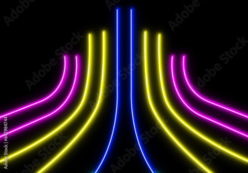 3d render abstract Neon lines triangles tunnel, Square rectangle picture frame with two tone neon color motion graphic on isolated black background.