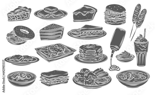 American food and drink glyph icons set vector illustration. Stamp of American meals on plates collection with apple cake and cheesecake dessert, soup and pancakes, sandwiches and burgers, corn dog