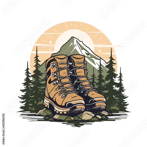 vintage retro hiking boots in pine forest mountain logo badge vector illustration