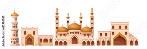 Arab city with old houses vector illustration. Cartoon isolated ancient Middle East town or village buildings, Arabian heritage fort in desert, panorama with castle and houses, Islam mosque and towers