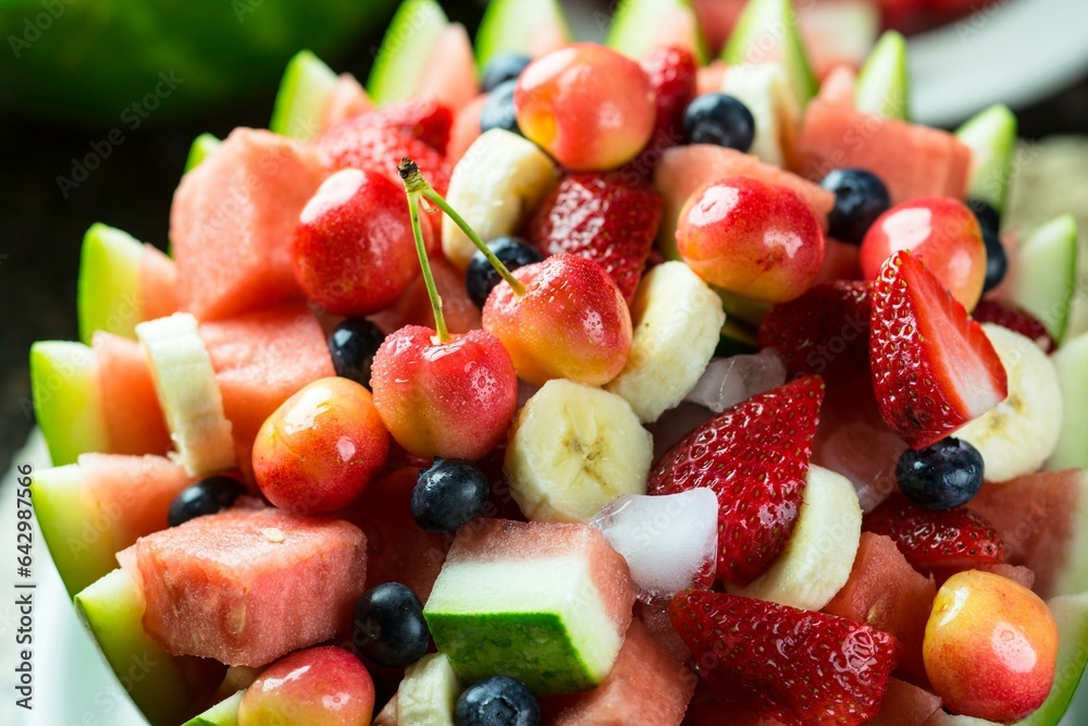 Refreshing Fusion: 4K Close-Up of Fresh Mixed Fruits - Strawberry, Watermelon, and Banana with Ice Pieces Refreshing Fusion: 4K Close-Up of Fresh Mixed Fruits - Strawberry, Watermelon, and Banana with Ice Pieces