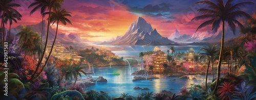 Painting style illustration of beautiful peaceful tropical ocean lagoons, background wallpaper, banner