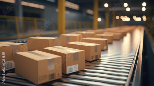 Warehouse Automation  Cardboard Boxes on Conveyor Belt  Capturing E-commerce  Delivery  and Product Fulfillment Seamlessly.
