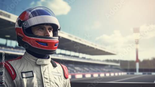 Formula One Driver: A Portrait of Victory - F1 Pilot Stands on Race Track Post-Competition, Helmet On. © Ai Studio