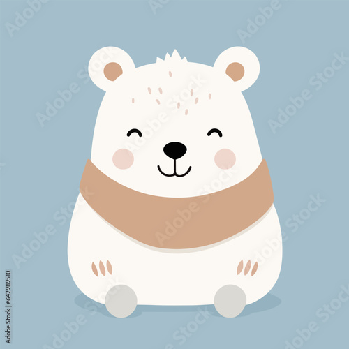Cute happy cartoon polar bear wearing a scarf in winter. Adorable wild animal character sitting with eyes closed, design element