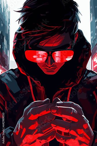 Young man wearing sunglasses and a hoodie, looking down at something. Male teenager in the city hiding his identity