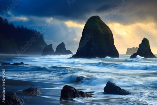 A beach with large rock formations. The waves are crashing onto the shore and there is a mist in the air, dark, somber