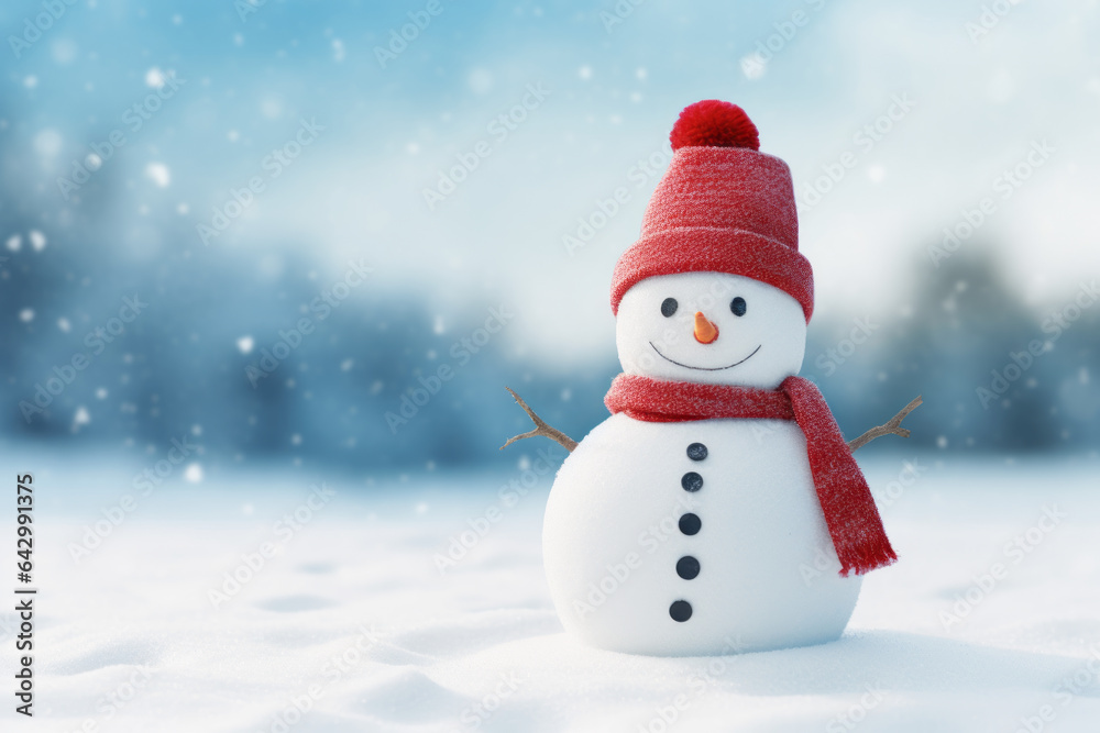 Cheerful snowman of snowdrifts on snow outdoors on nature in sunny day with copy space, flat lay. Christmas snowy backdrop background