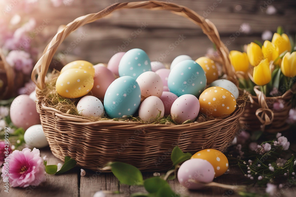Easter eggs in a basket and flowers Easter eggs in a basket and flowers