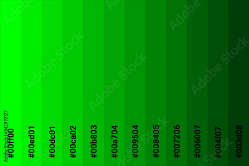 Color palette dark green to light green with color code. Tone color guide. Vector illustration EPS 10 File.