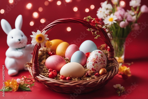 Easter eggs in a basket and flowers