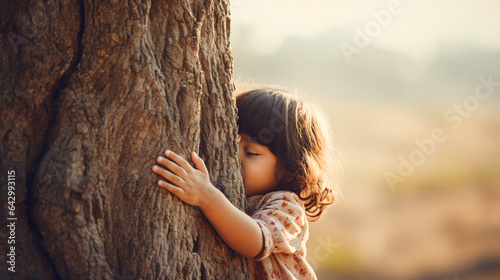 Nature lover, close up of child hands hugging tree with copy space photo
