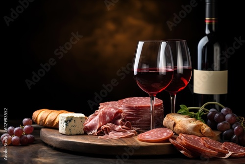 Red wine and variety of charcuterie in the backdrop