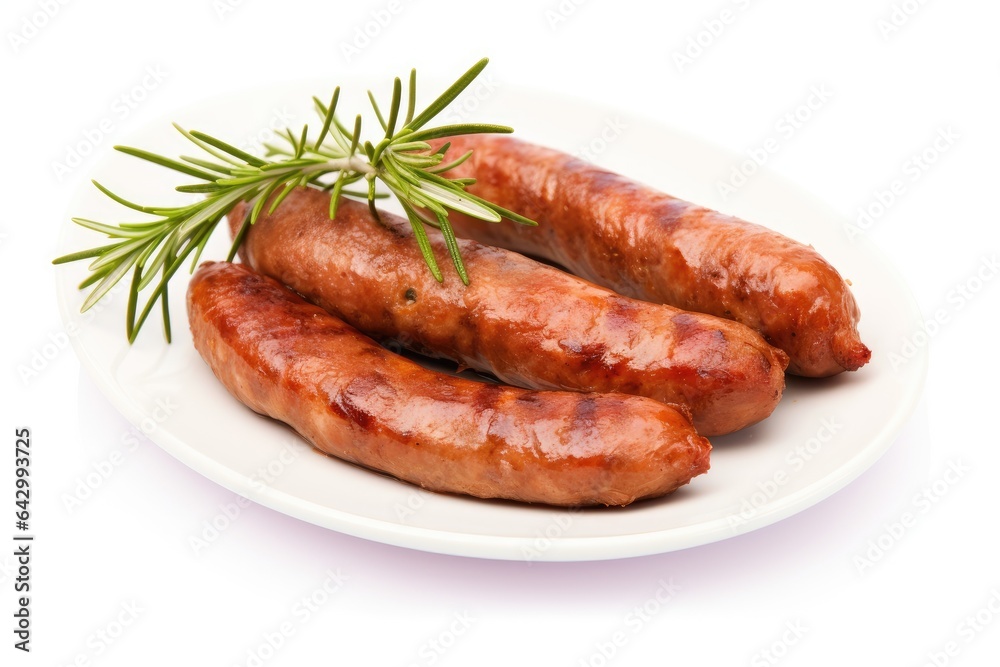 Rosemary infused pork sausages on white backdrop