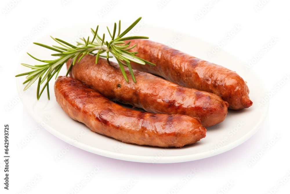 Rosemary infused pork sausages on white backdrop Rosemary infused pork sausages on white backdrop
